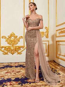 Faeriesty Off Shoulder Ruched Draped Side Split Sequin Formal Dress - Champagne - View 3
