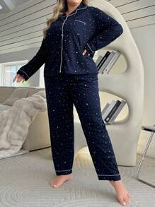 Plus Size Knitted Five Pointed Star Printed Long Sleeve Top & Pants Pajama Set With Long Pants  Cozy And Elegant Details, Fall Winter Clothes Outfit - Navy Blue - View 6