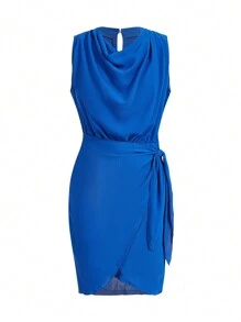 SHEIN Clasi 垂領圍裹側打結連衣裙 - 藍色 - 查看 4