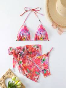 SHEIN Swim Vcay 全印花風格三角比基尼,配有頸掛腰帶情人節 - 彩色 - 查看 3
