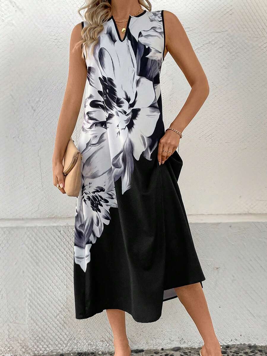SHEIN Clasi In hoa Khối màu Đường viền cổ có rãnh Đầm - màu đen - Xem 1
