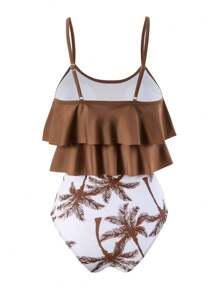 SHEIN Swim 夏季沙灘女士坦克泳衣，熱帶印花拼接高腰褶皺泳裝下褲坦克泳衣套裝 - 咖啡棕 - 查看 2