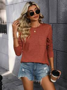 SHEIN LUNE 女士圓領長袖t卹 - 鏽棕色 - 查看 4