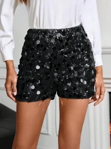 Gownix Elastic Waist Solid Color Sequin Shorts For Party - Black - View 6