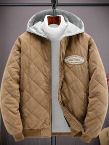 Aesthetic Post 男式带帽宽松灯芯绒棉服配字母补丁 - 卡其色 - 查看 1