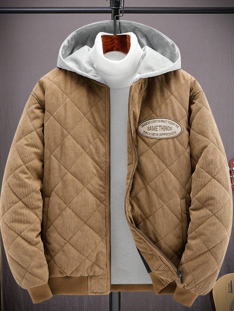 Aesthetic Post 男式带帽宽松灯芯绒棉服配字母补丁 - 卡其色 - 查看 1