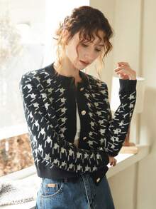 Knit Mix Women Houndstooth Cropped Cardigan - Black - View 8