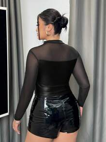 SHEIN ICON 大尺碼女士網紗拼接t恤,腰部綁帶 - 黑色 - 查看 2