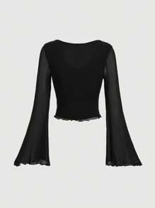 SHEIN MOD 正面結飾喇叭袖 T 卹 - 黑色 - 查看 2