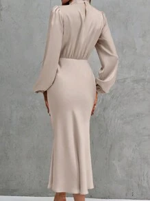 SHEIN Clasi Solid Mock Neck Lantern Sleeve Satin Dress - Pink - View 2