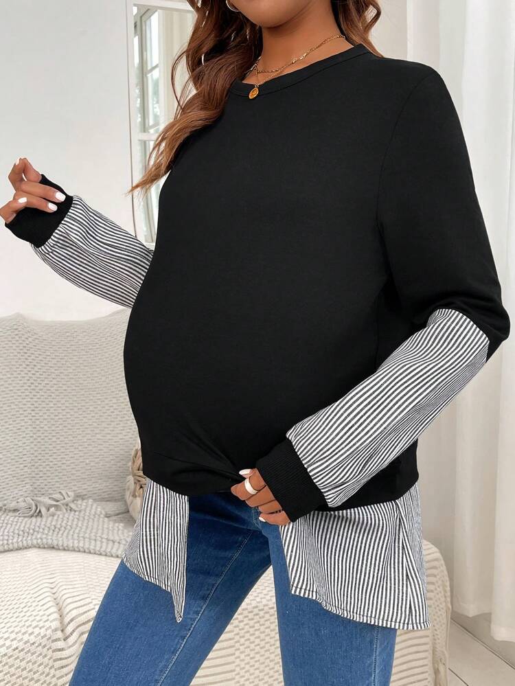 Maternity Striped Patchwork Sports Sweatshirt, For Winter