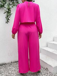 SHEIN Clasi Của phụ nữ Kích thước lớn Màu thuần Đứng cổ áo Tay áo lồng đèn Áo Và Quần ống rộng Bộ - Màu Hồng Tươi - Xem 3