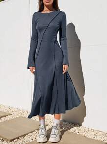 SHEIN EZwear Của phụ nữ Vòng cổ Sọc Sọc Màu thuần Váy chữ A - Xám - Xem 1