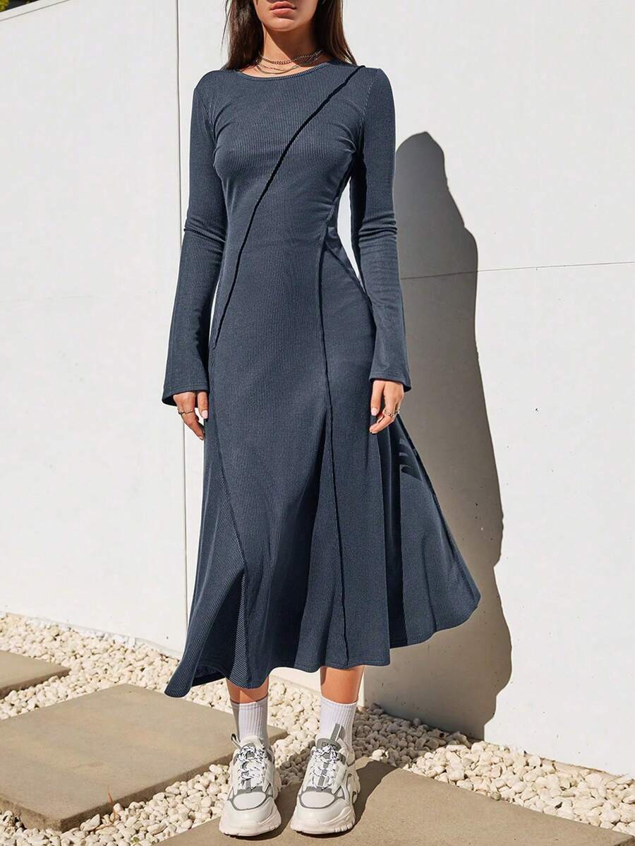 SHEIN EZwear Của phụ nữ Vòng cổ Sọc Sọc Màu thuần Váy chữ A - Xám - Xem 1