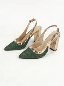 Fashionable Pointed-Toe High Heel Shoes, Sexy Metallic Glitter Closed Toe Chunky Heel Pumps For Women - Dark Green - View 6