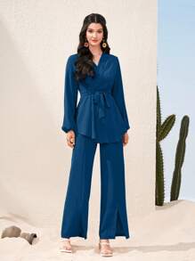 女式系腰带长袖上衣和裤子两件套 - 水鴨藍 - 查看 6