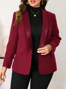 SHEIN Clasi 大尺碼女款亮片拼布長袖西裝外套 - 酒紅色 - 查看 5