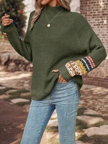 SHEIN LUNE 女士幾何印花長袖毛衣 - 軍綠色 - 查看 3