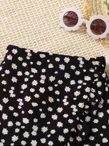 SHEIN 年輕女孩花卉印花荷葉邊包裝裙 - 黑色 - 查看 5