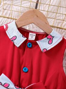 SHEIN 少女配色拼接愛心印花A字洋裝附腰帶 - 紅色 - 查看 3