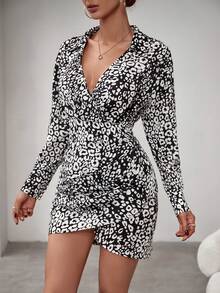 BizChic 女士豹紋下襬連衣裙,貼領設計 - 黑與白 - 查看 5