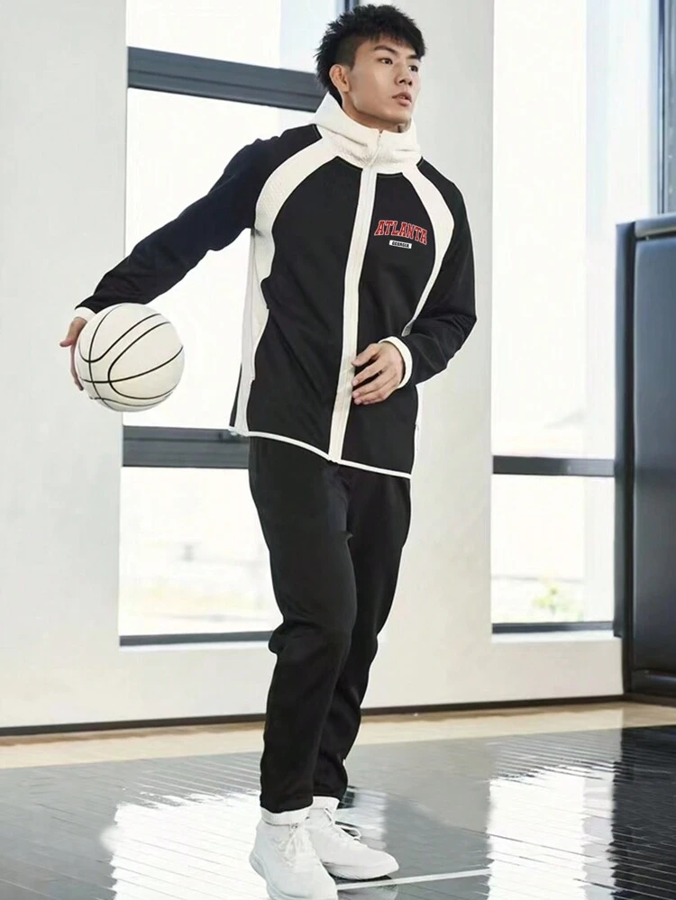 Boyfriend Style Men's Contrast Color Zipper Front Hooded Sports Jacket Workout Tops Sports Jacket