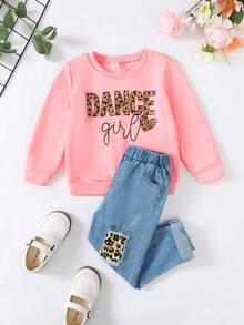 幼兒女孩休閒舒適豹紋字母圖案運動衫配拼布仿舊牛仔褲 - 彩色 - 查看 3