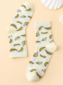 Queen Aubergine Artist Vacation Banana Fruit Pattern Jacquard Mid-Calf Socks, For Holiday, Spring & Summer, Ibiza Fits - Beige - View 2