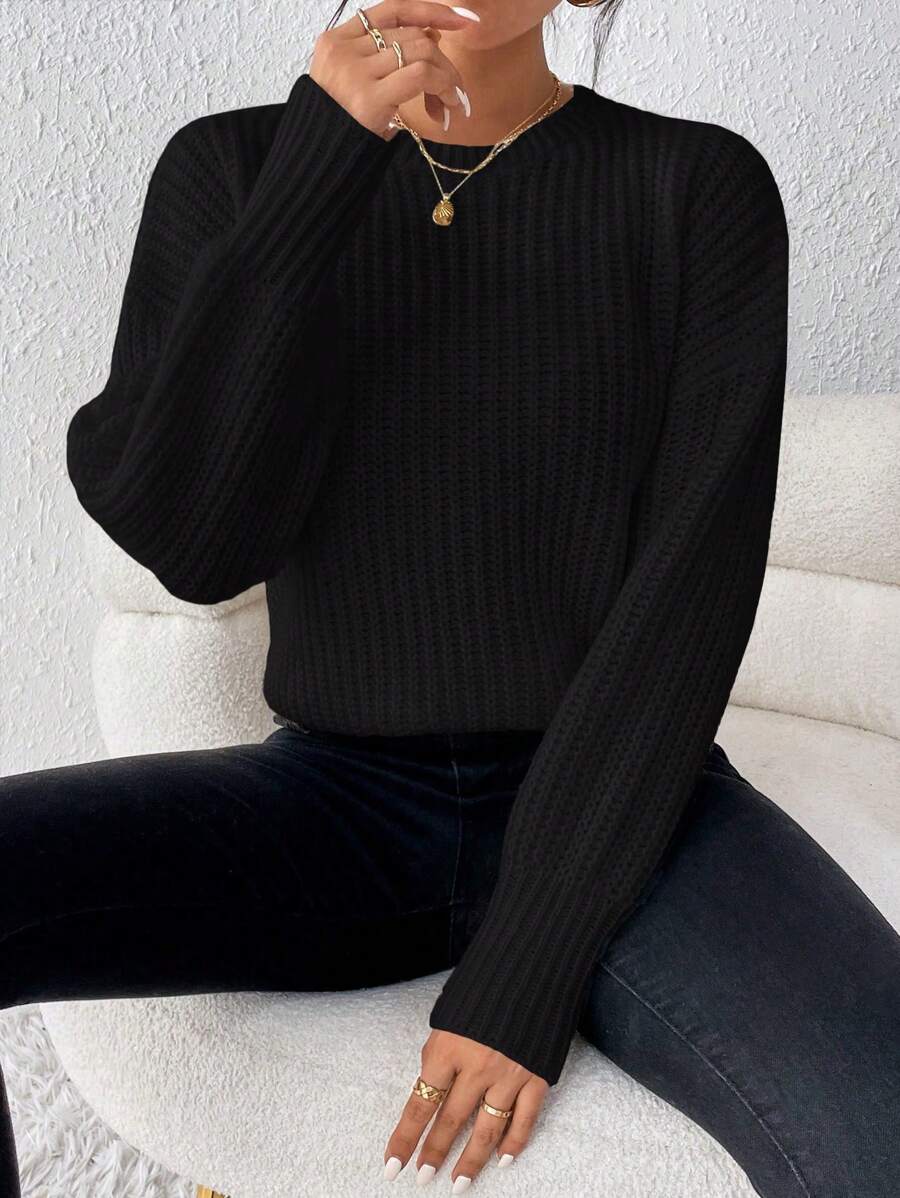 SHEIN Essnce 女款落肩長袖毛衣套頭衫 - 黑色 - 查看 1