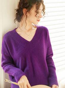 Knit Mix Women's V-Neck Loose Pullover Sweater - Purple - View 1