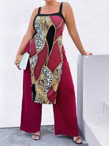SHEIN LUNE Plus Size Printed Patchwork Slit Top And Solid Color Trousers Two-Piece Set - Red - View 3