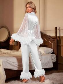 Women's Mesh Contrast Feather Trim Pajama Set, White Set, Fall Winter Clothes - White - View 2