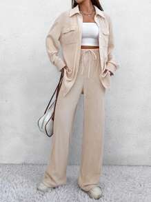 SHEIN Unity 女式反摺口袋前開衫與長褲套裝 - 杏色 - 查看 3