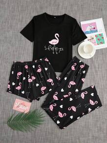 Women'S Letter Printed Flamingo & Heart Pattern Pajama Set - Black - View 1