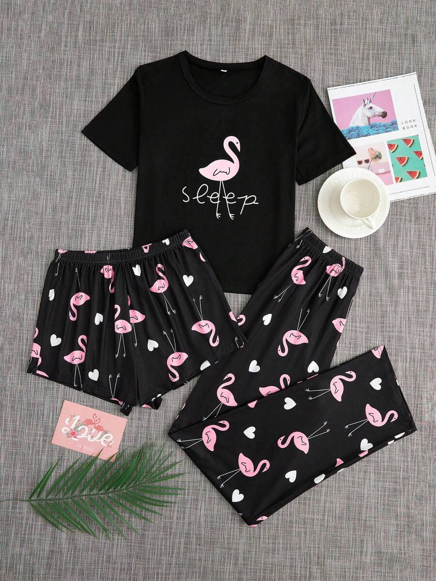 Women'S Letter Printed Flamingo & Heart Pattern Pajama Set - Black - View 1