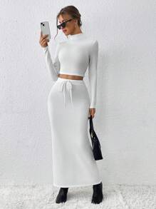 SHEIN Essnce 立領長袖短款t恤和裙子套裝 - 白色 - 查看 5