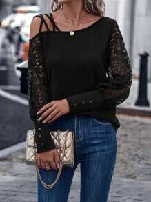 EMERY ROSE 女式不对称领蕾丝拼接上衣，女士休闲不对称，撞色蕾丝常规袖不对称领常规版型黑色纯色女式上衣，春/秋，休闲日常穿着 - 黑色 - 查看 6