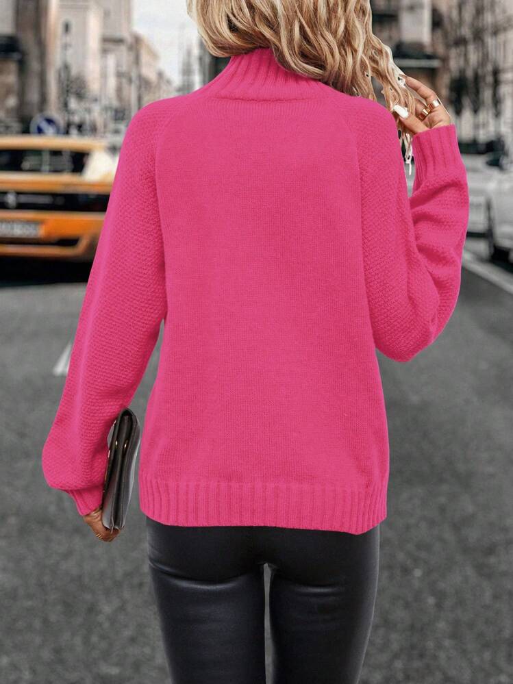 EMERY ROSE 女士立领插肩袖针织套头衫秋冬毛衣 - 玫紅色 - 查看 2