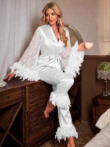 Women's Mesh Contrast Feather Trim Pajama Set, White Set, Fall Winter Clothes - White - View 6