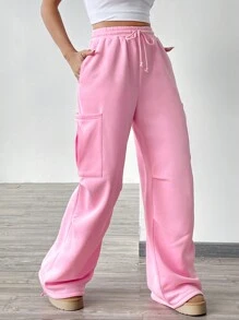 SHEIN EZwear 女性實色束口腰帶口袋寬腿鬆身健身褲 - 粉色 - 查看 6