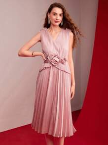 MOTF PREMIUM Vestido plisado sin mangas con decoración de flor 3D, atuendo para el Día de San Valentín