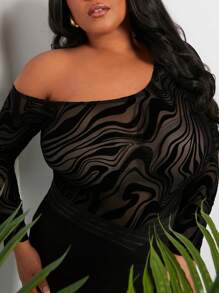 Slaydiva Plus Size Asymmetrical Collar Plush Mesh T-Shirt - Black - View 3