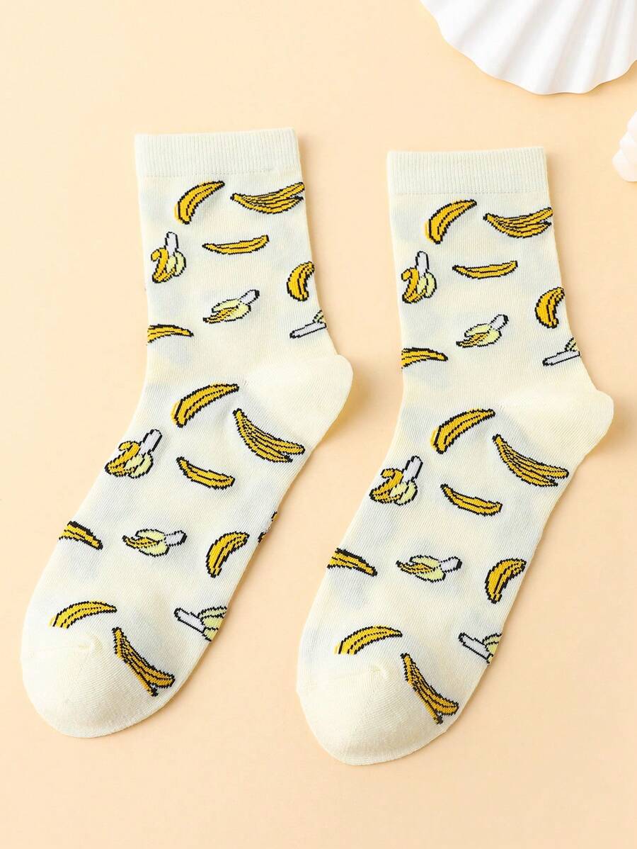 Queen Aubergine Artist Vacation Banana Fruit Pattern Jacquard Mid-Calf Socks, For Holiday, Spring & Summer, Ibiza Fits - Beige - View 1