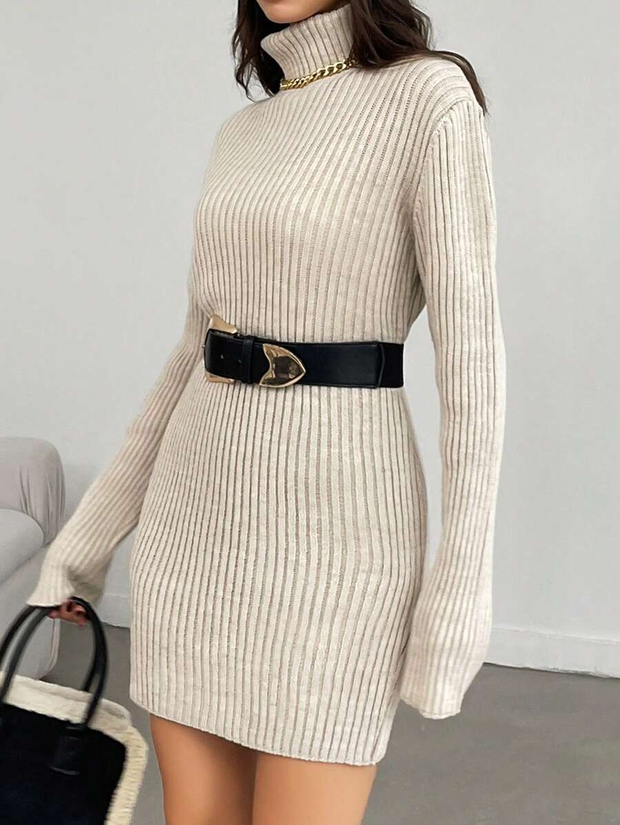 EURMUSE Turtleneck Drop Shoulder Sweater Dress Without Belt