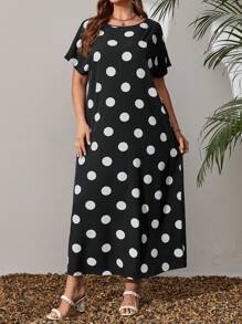 EMERY ROSE Plus Size Women's Black And White Polka Dot Long Dress For Spring For Summer