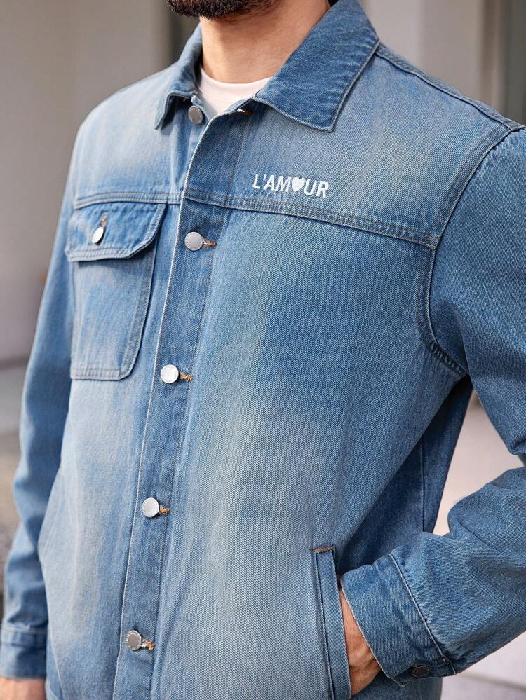 Loose Men's Letter Embroidery Turn-Down Collar Pocket Denim Jacket