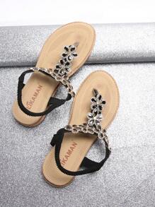 Women'S Flower Design Rhinestone Decor Thong Flat Sandals With Drop Oil Buckle