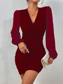 Chiquease 女士v領燈籠袖扭結褶皺連身裙 - 紅色 - 查看 3