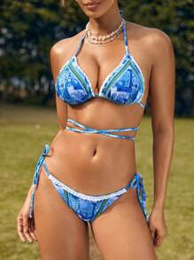 SHEIN Swim Summer Women'S Printed Splice Halter Separated Bathing Suit - Multicolor - View 5