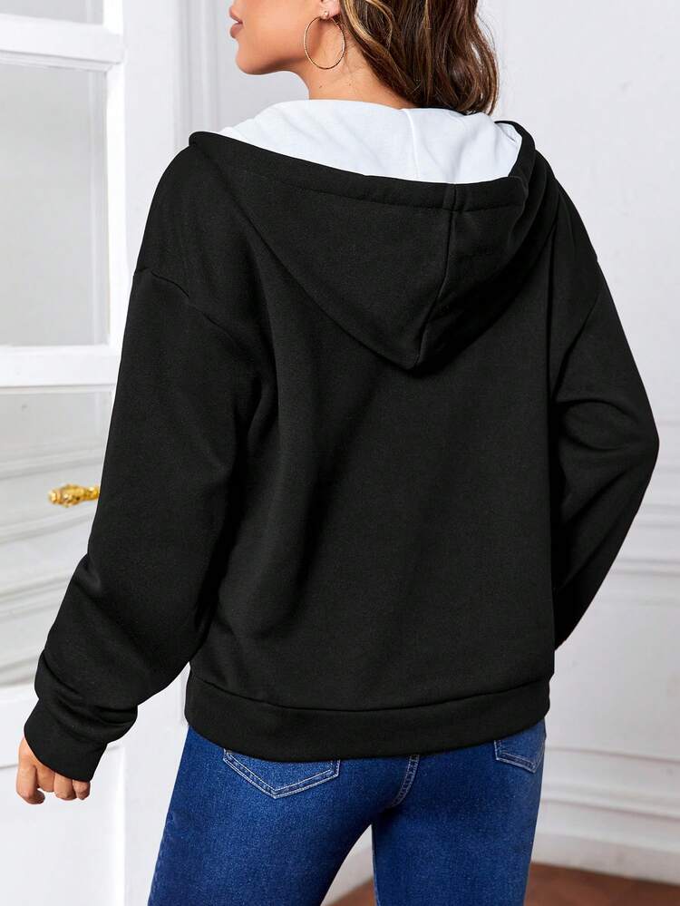 Hoodie With Letter And Face Print And Drawstring